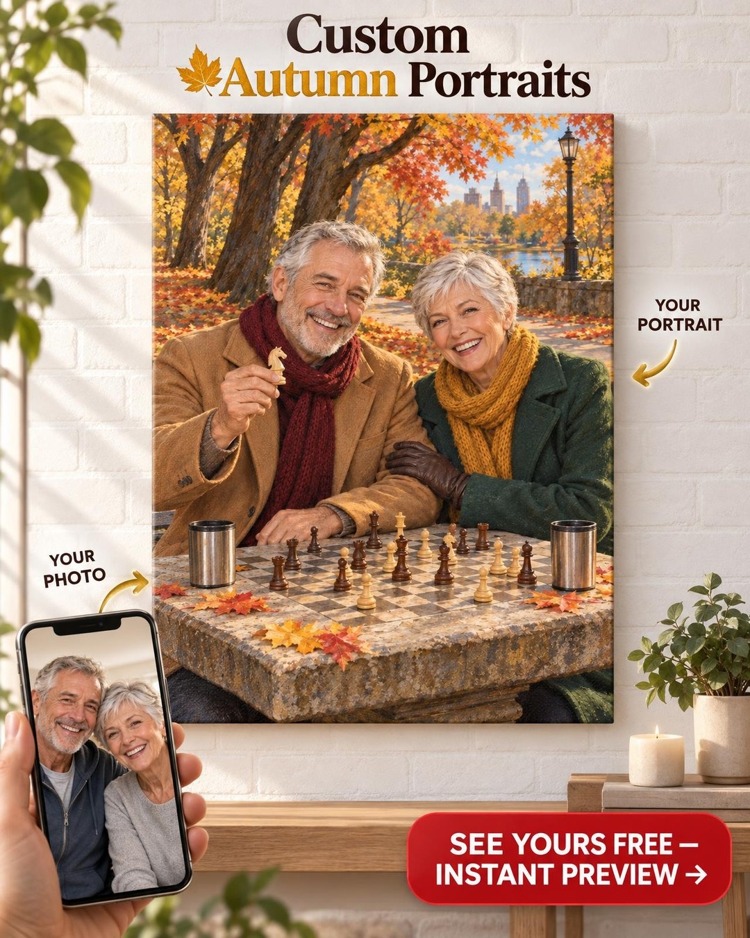 Park Chess in Autumn Custom Portrait from Photo | Personalized Game Night Gift