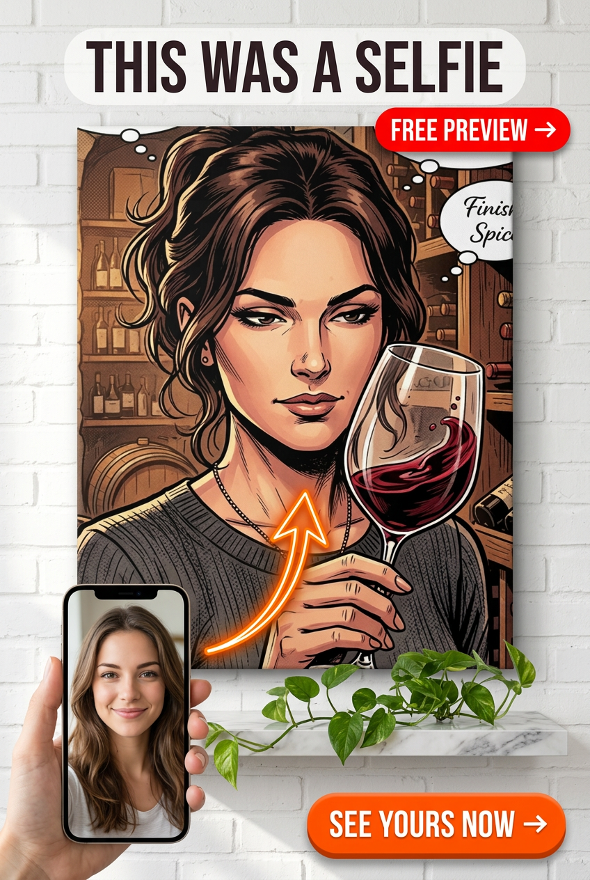 Custom Pop Art Woman Portrait — Whimsical Wine Canvas
