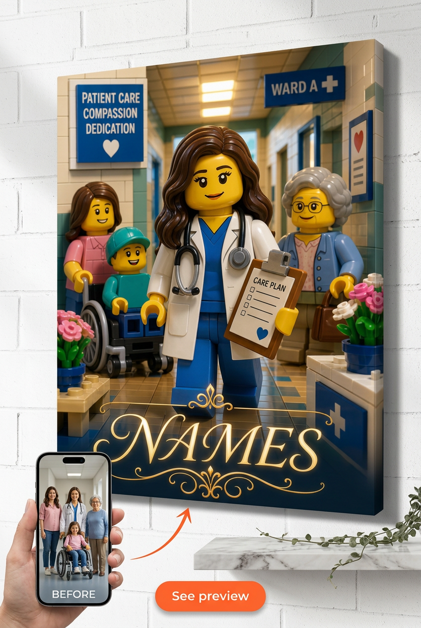 Custom Brick Minifigure Doctor Nurse Portrait from Photo | Personalized Gift