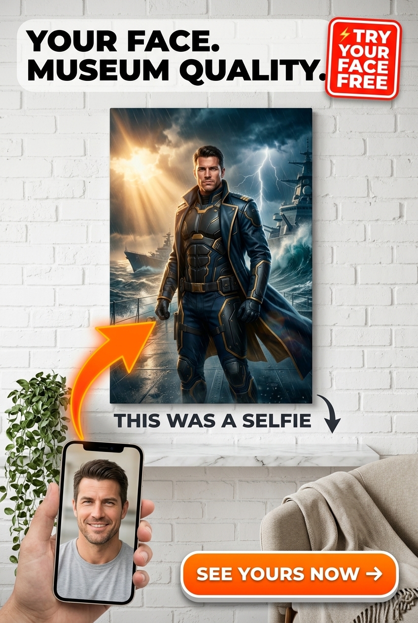 Custom Sci-Fi Man Portrait — Regal Armor & Stormy Cityscape Canvas