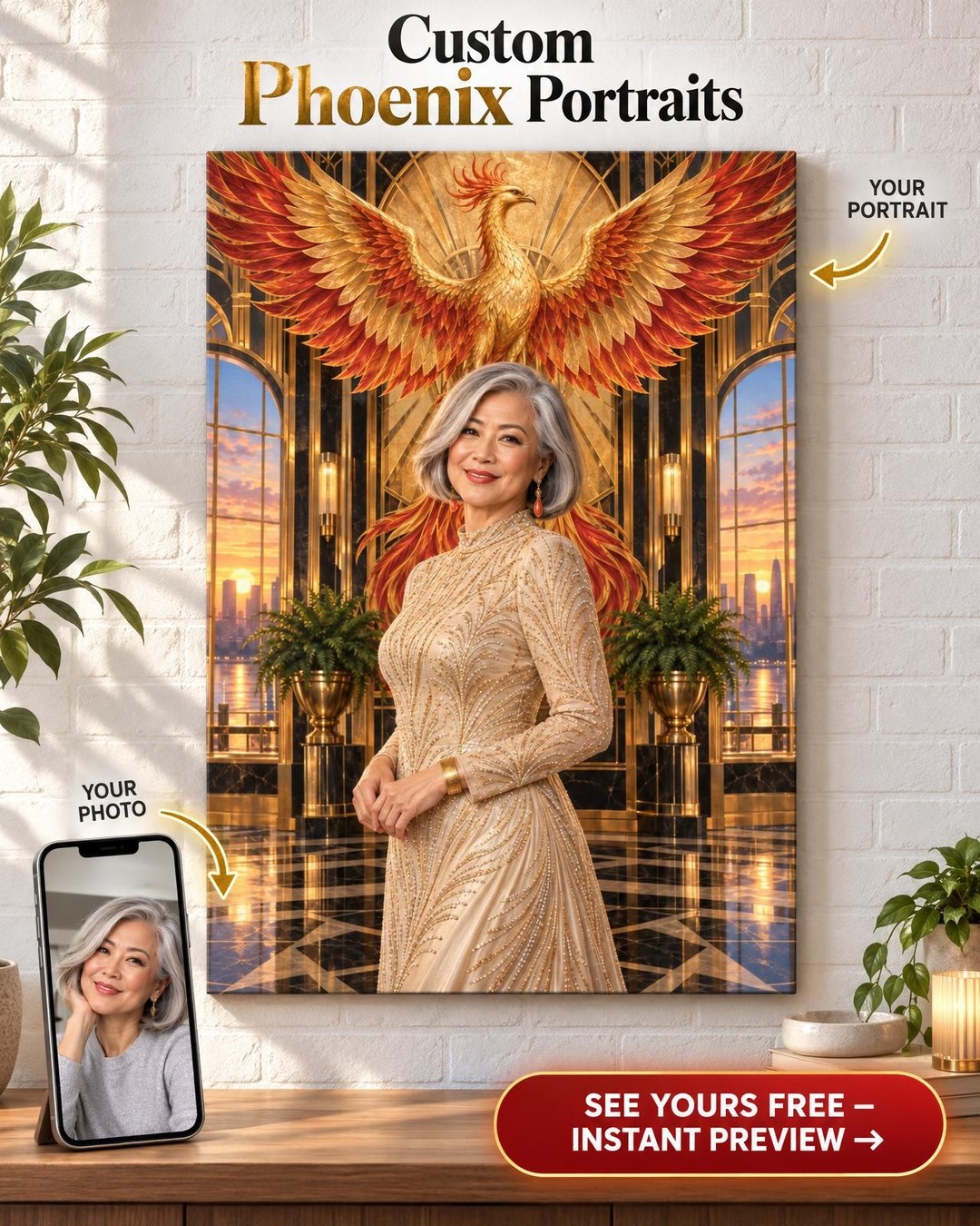 Gilded Art Deco Phoenix Custom Portrait from Photo | Personalized Phoenix Rising Gift