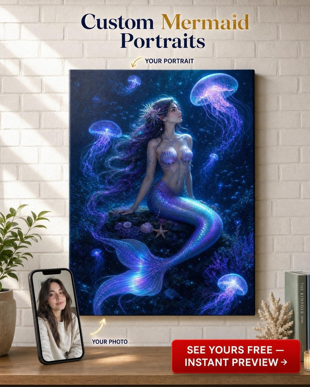 Bioluminescent Mermaid Custom Portrait from Photo | Personalized Canvas Gift