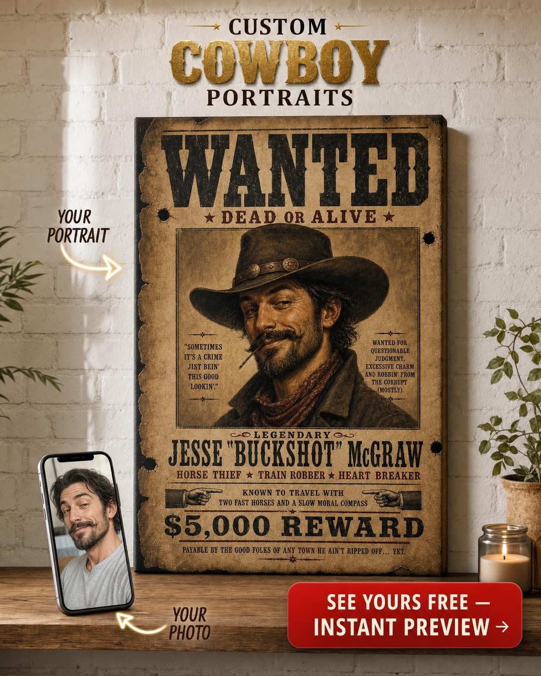 Old West Wanted Poster Custom Portrait from Photo | Personalized For Him Gift