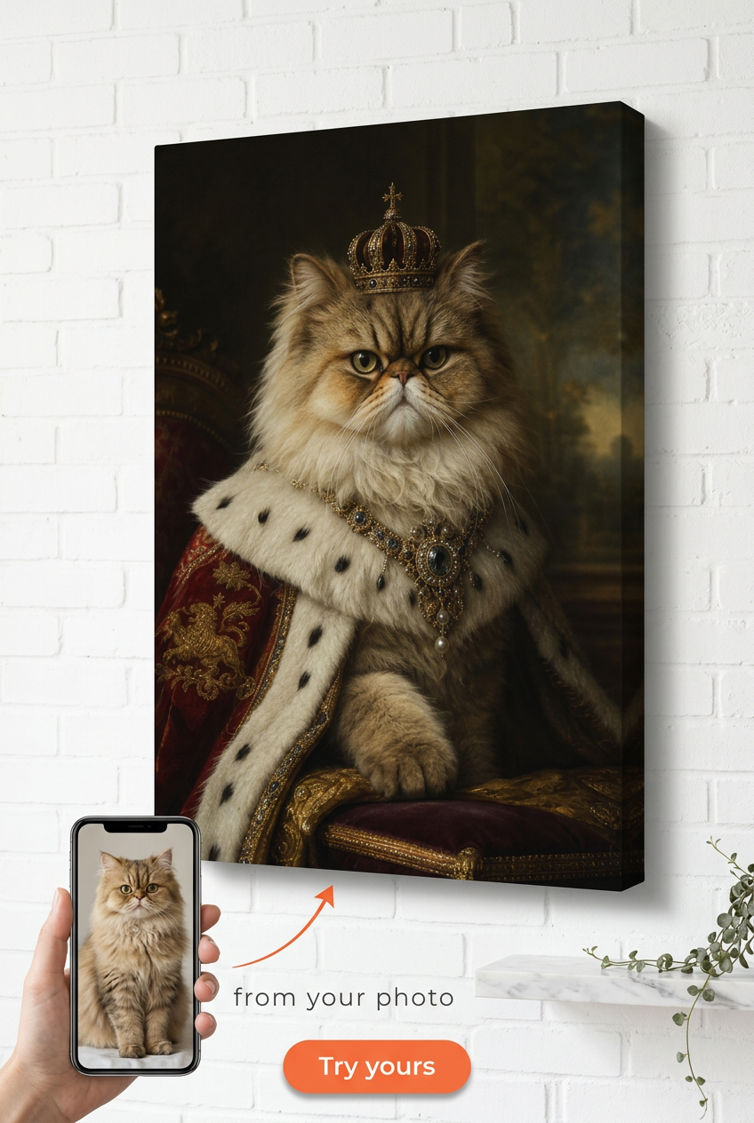Custom Royal Pet Cat Portrait — Regal Canvas from Photo