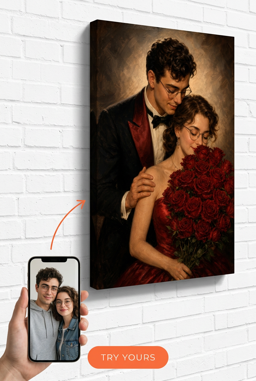 Custom 1940s Hollywood Valentine Bouquet Couple Portrait from Photo | Personalized undefined Gift
