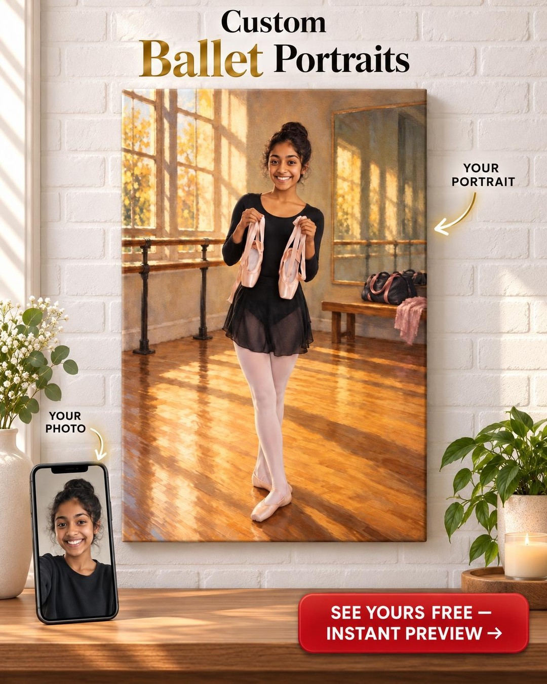 First Pointe Shoes Custom Portrait from Photo | Personalized Dance Recital Gift