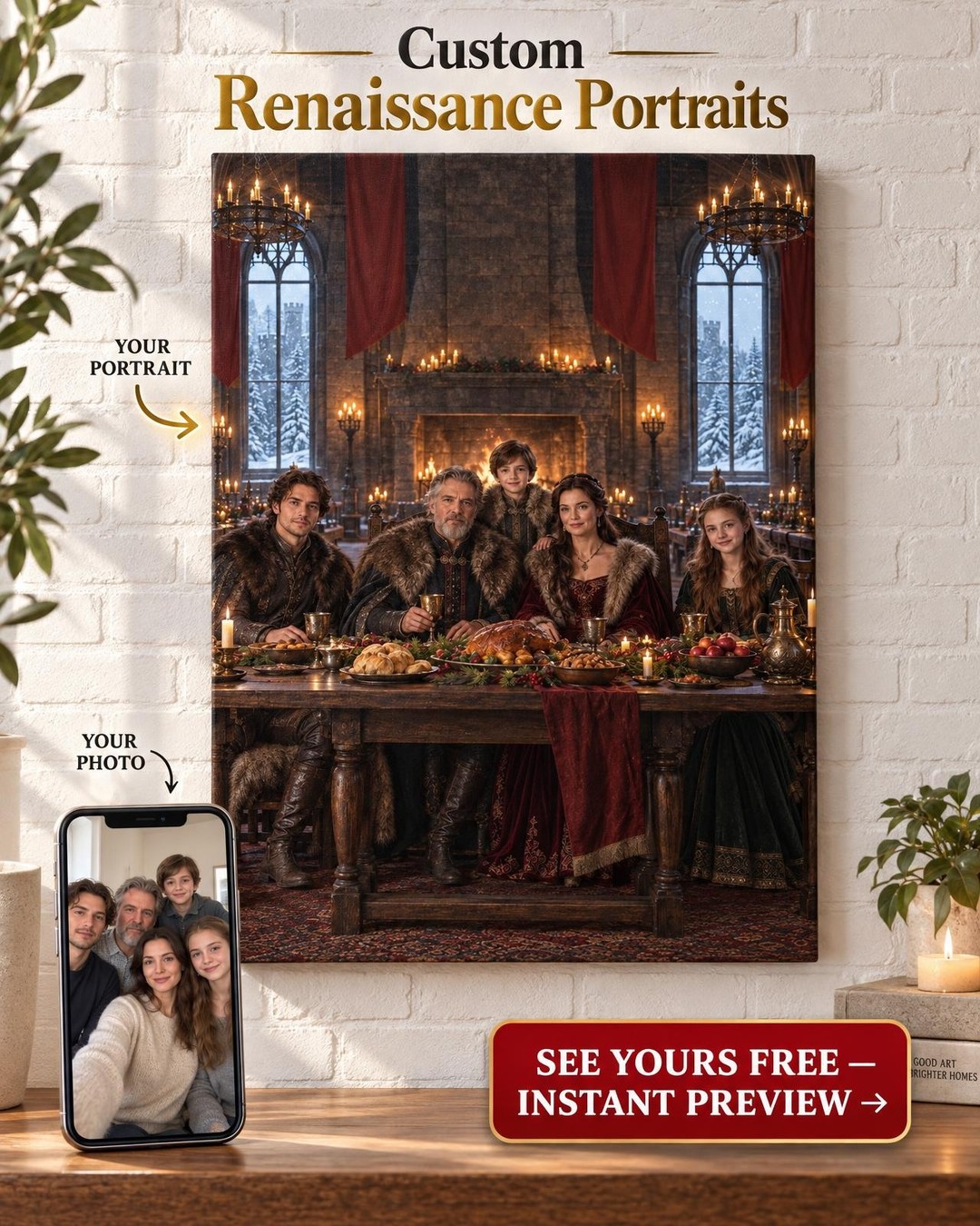 Winter Feast Family Portrait Custom Portrait from Photo | Personalized Fantasy Portrait Gift