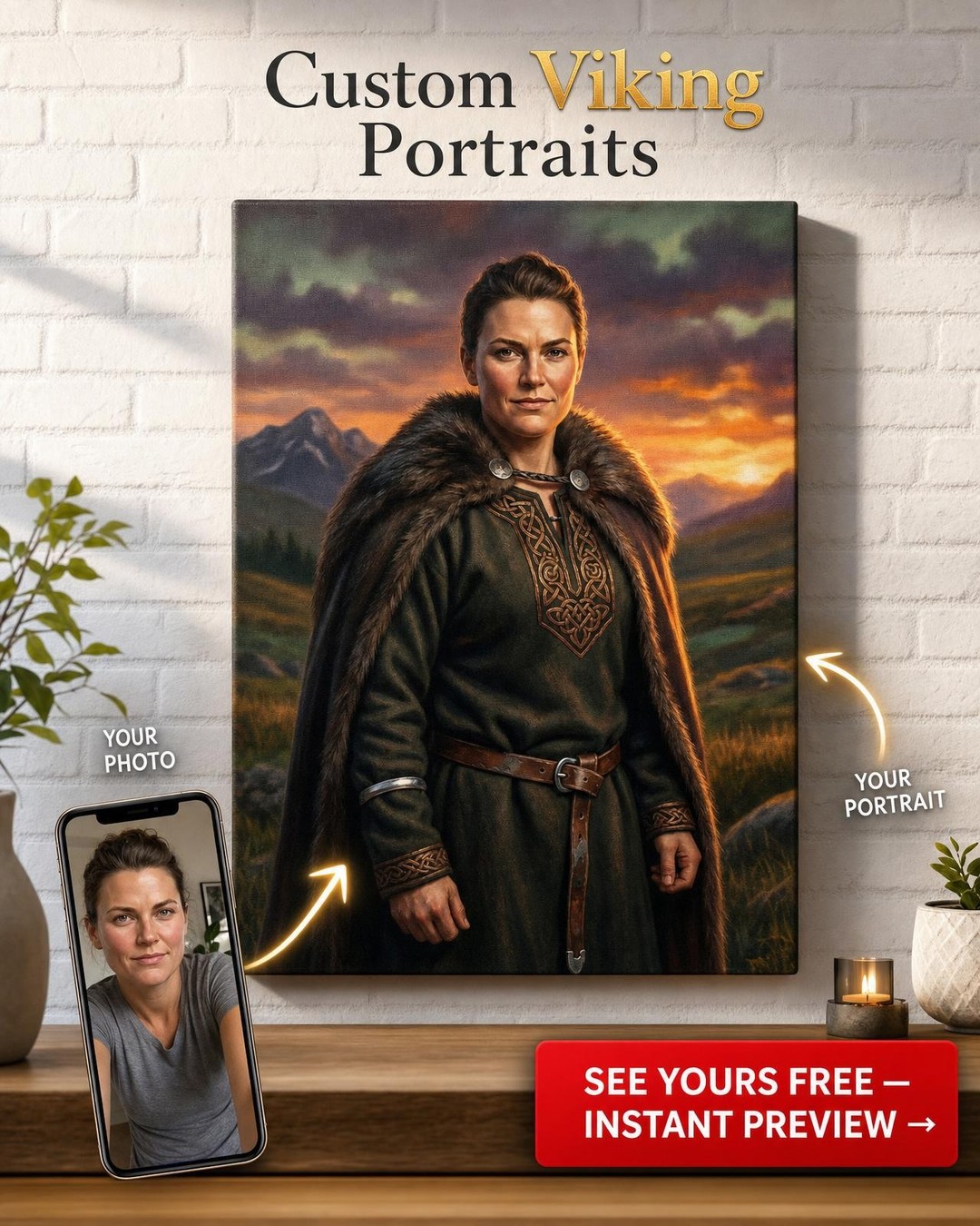 Custom Viking Woman Portrait — Regal Cloak Canvas from Photo