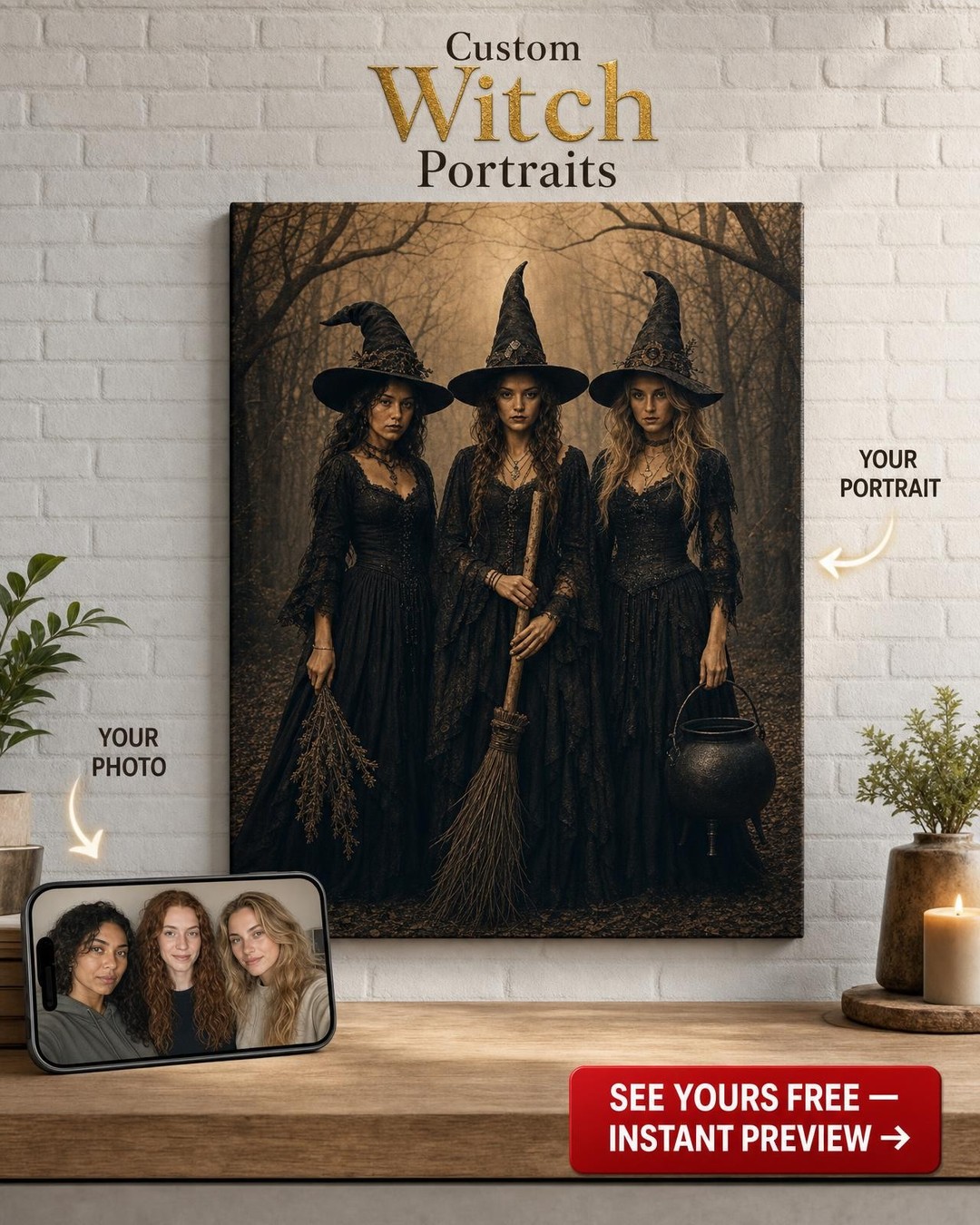 Vintage Three-Witch Coven Portrait from Photo