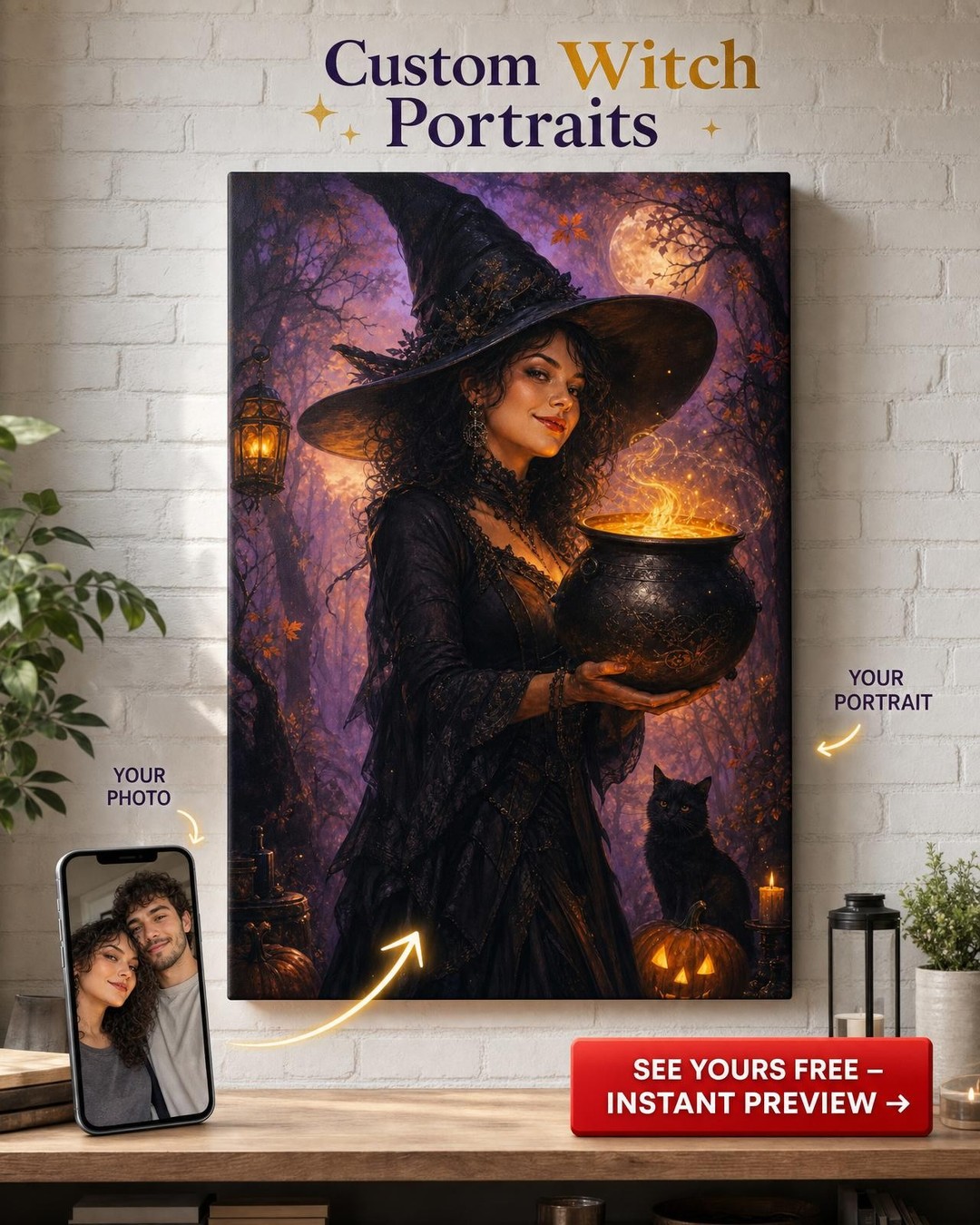 Custom Halloween Single Woman Portrait — Whimsical Witch Canvas from Photo
