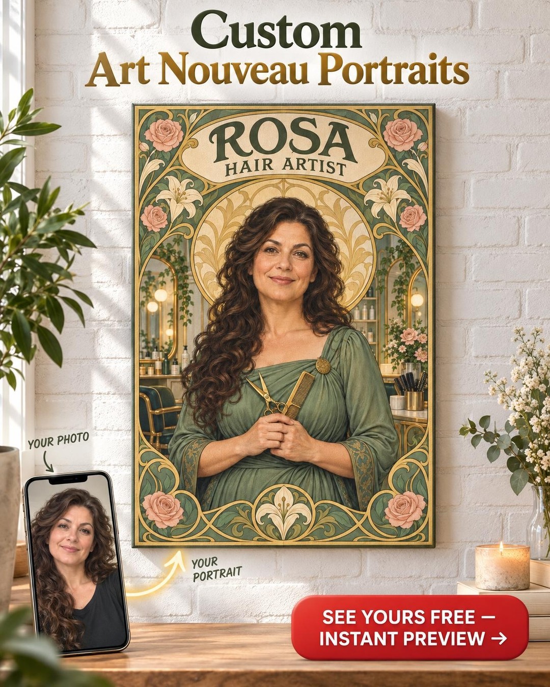 Art Nouveau Hairstylist Custom Portrait from Photo | Personalized Salon Portrait Gift