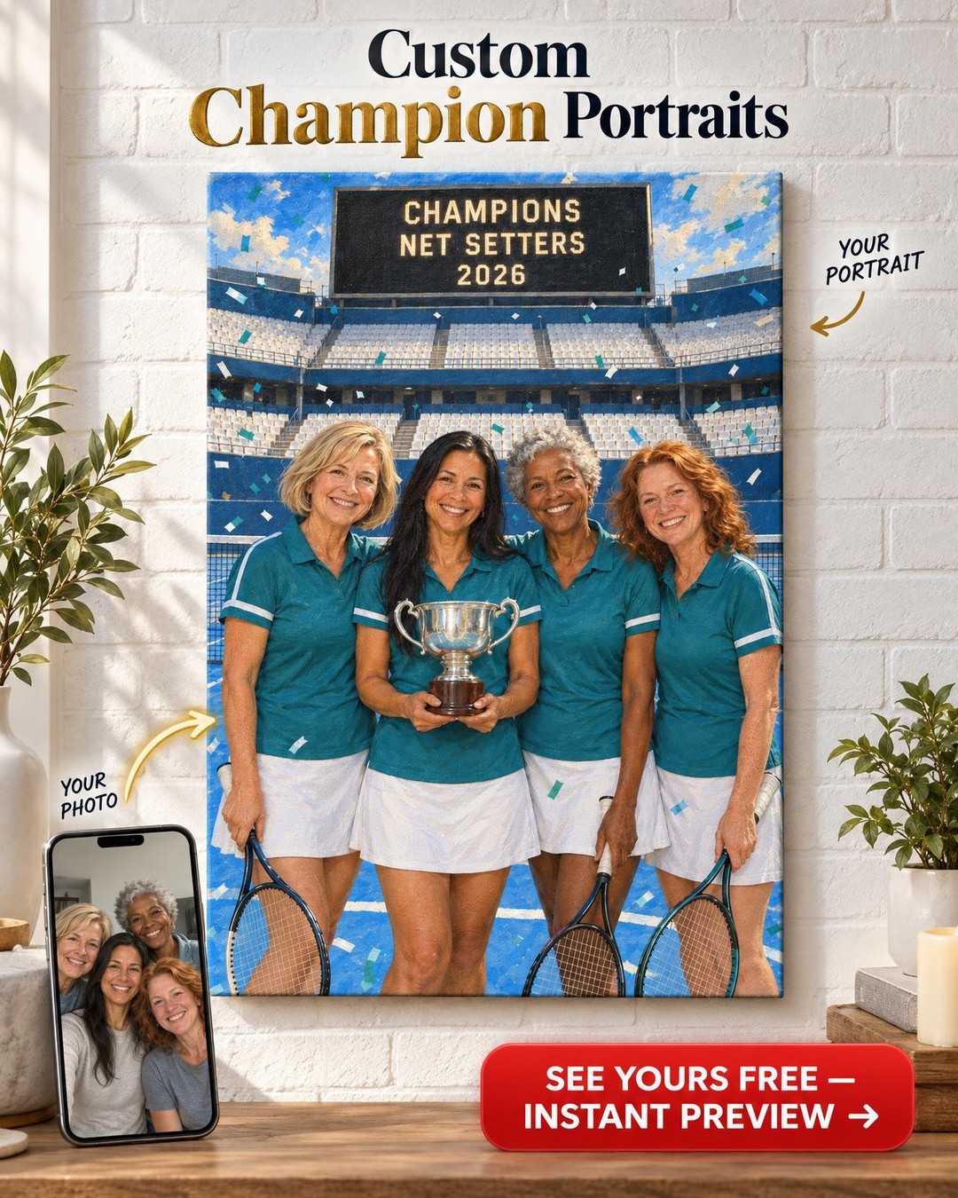 Tennis Team Champions Custom Portrait from Photo | Personalized Tennis Portrait Gift