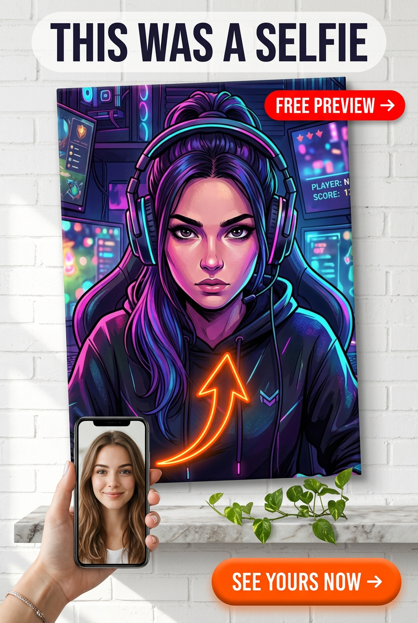 Custom Cyberpunk Woman Portrait — Neon Gaming Canvas Art