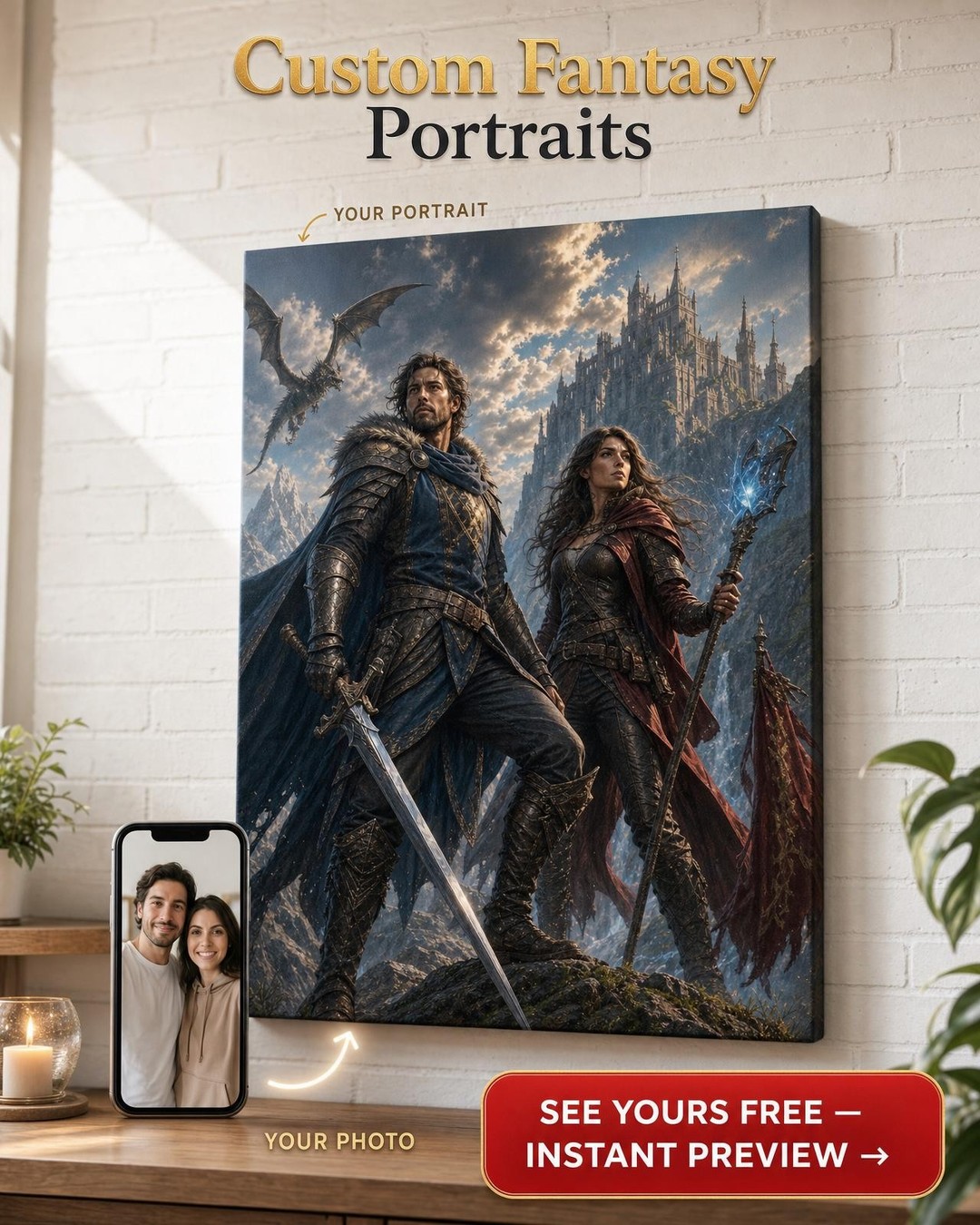 Custom Fantasy Couple Portrait — Heroic Adventure Canvas
