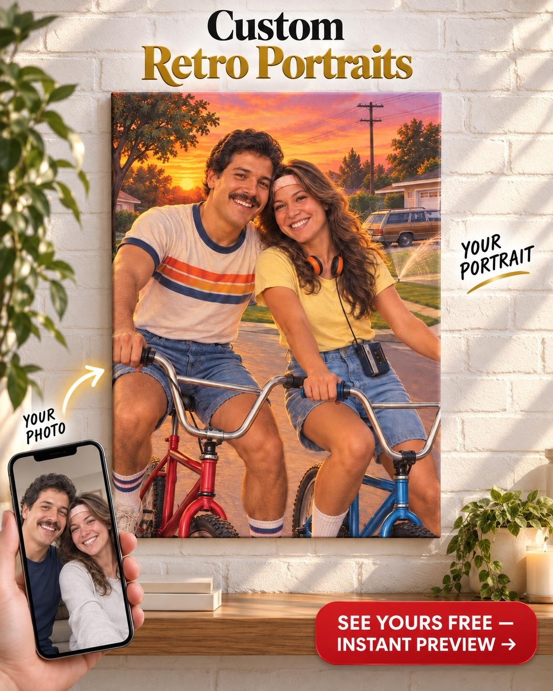 BMX Summer Couple Custom Portrait from Photo | Personalized Throwback Portrait Gift