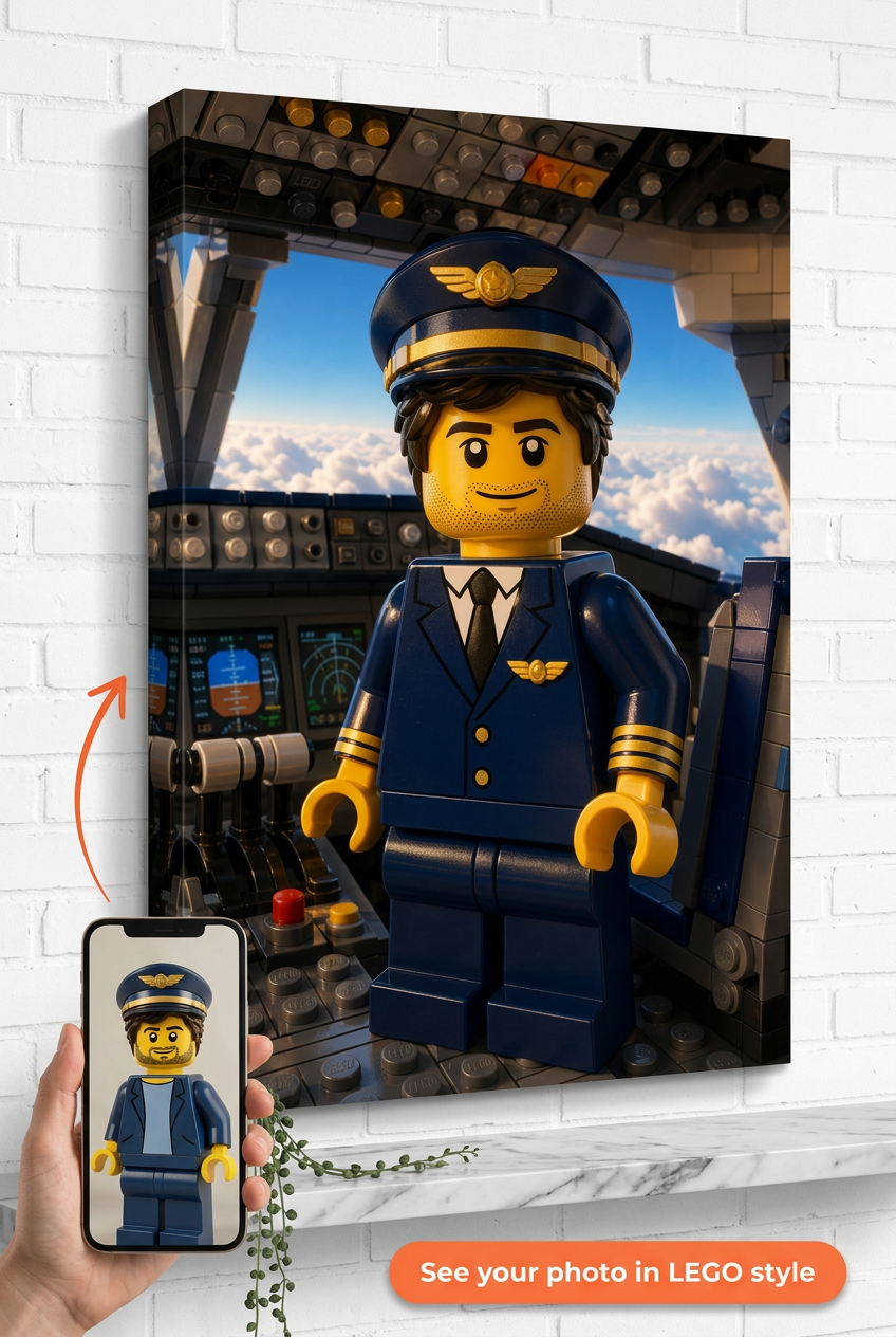 Custom Brick Minifigure Pilot Portrait from Photo | Personalized Gift