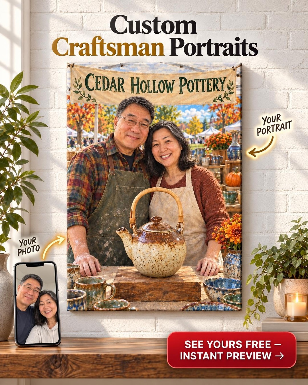 Craft Fair Booth Couple Custom Portrait from Photo | Personalized Pottery Portrait Gift