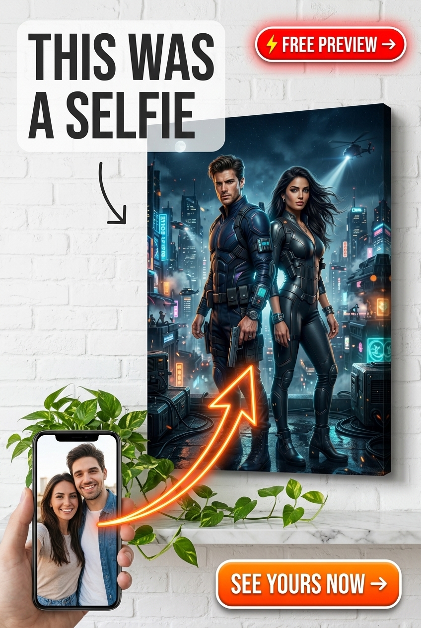 Custom Cyberpunk Couple Portrait — Heroic Neon Canvas from Photo
