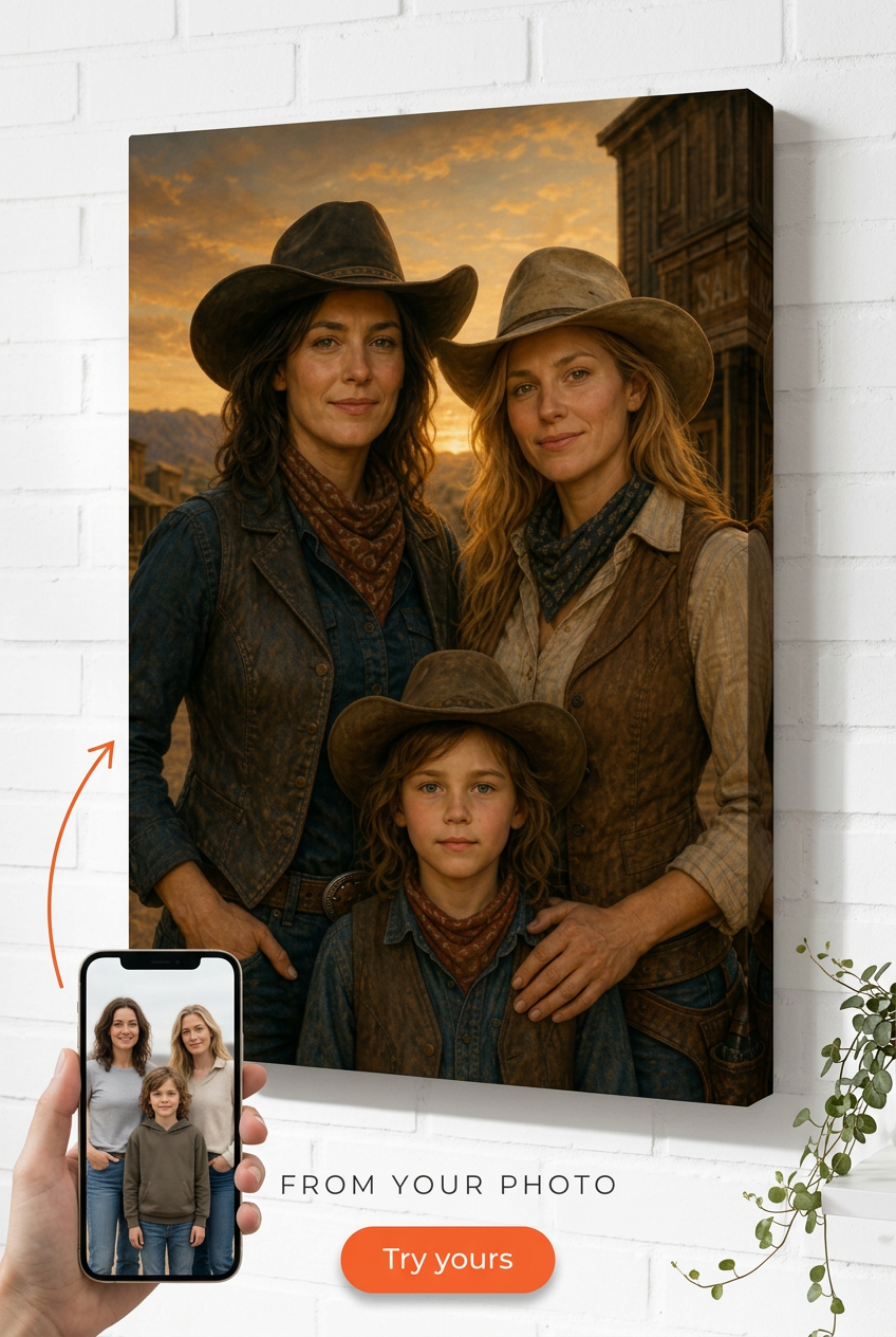 Custom Cowboy Family Portrait — Heroic Wild West Canvas from Photo