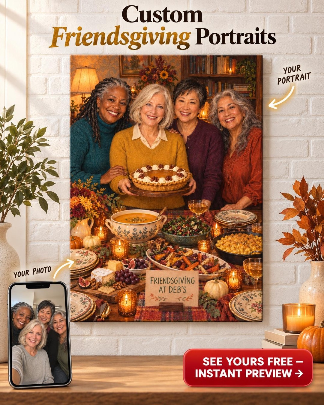 Friendsgiving Custom Portrait from Photo | Personalized Hostess Portrait Gift