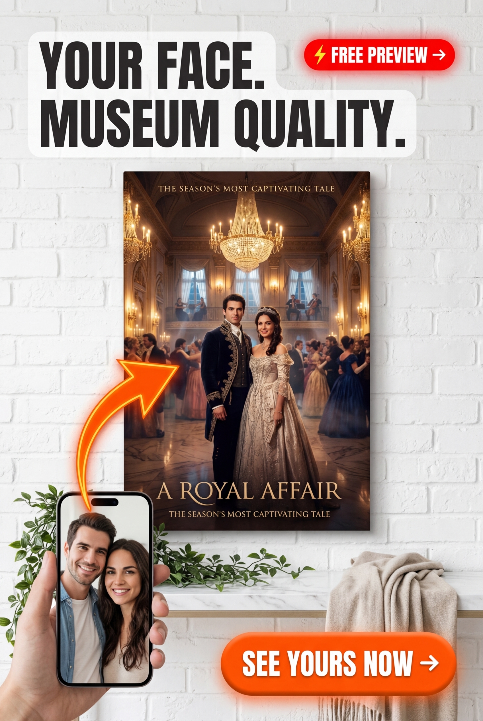 Custom Royal Couple Portrait — Regal Ballroom Canvas from Photo