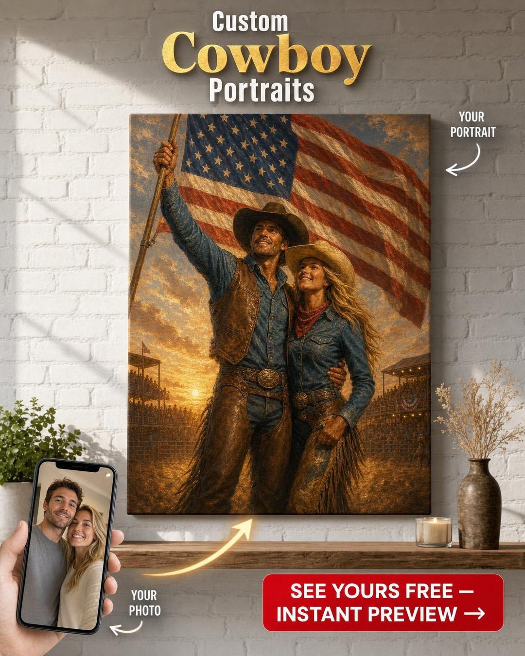 Rodeo Patriot Couple Custom Portrait from Photo | Personalized Canvas Gift