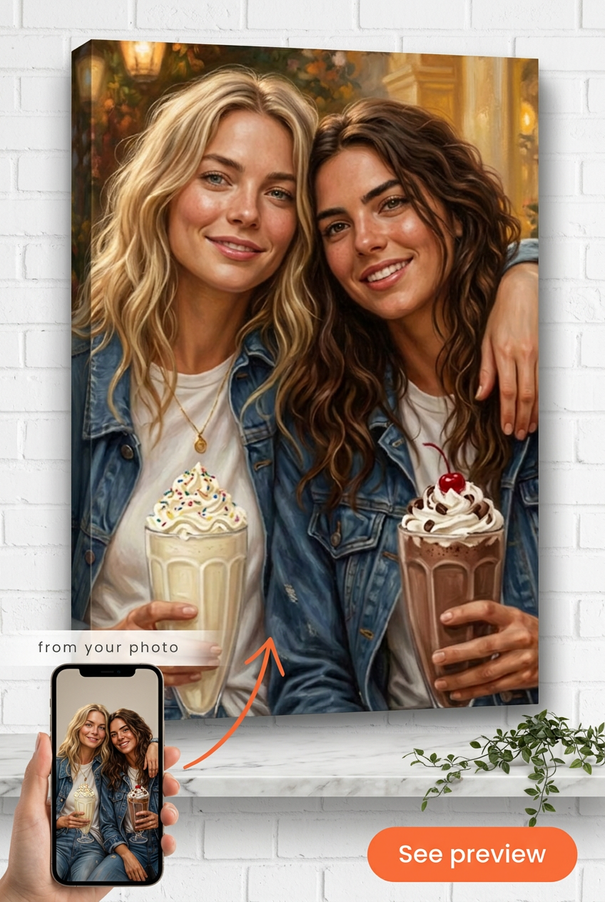 Custom Impressionist Couple Portrait — Whimsical Milkshake Canvas