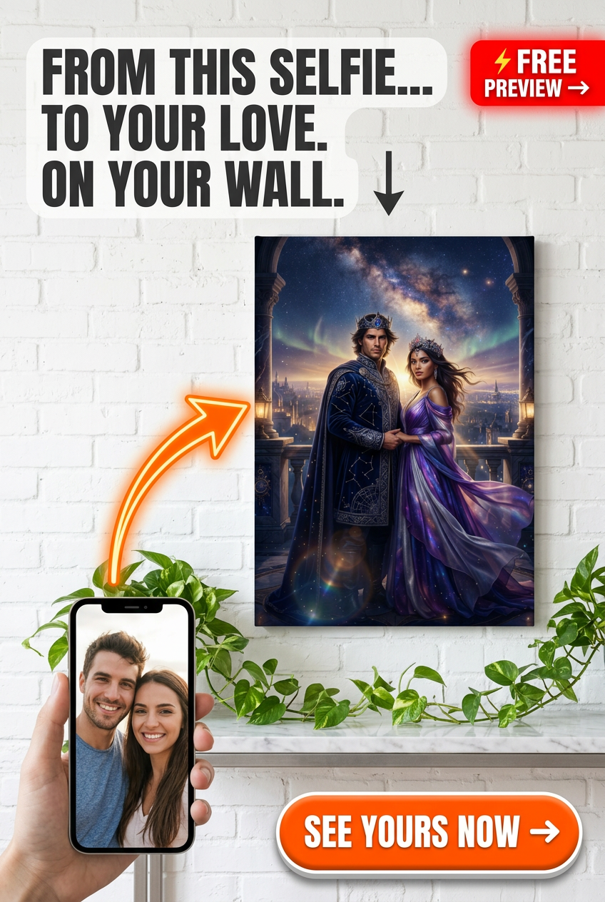 Custom Royal Couple Portrait — Romantic Castle Canvas from Photo