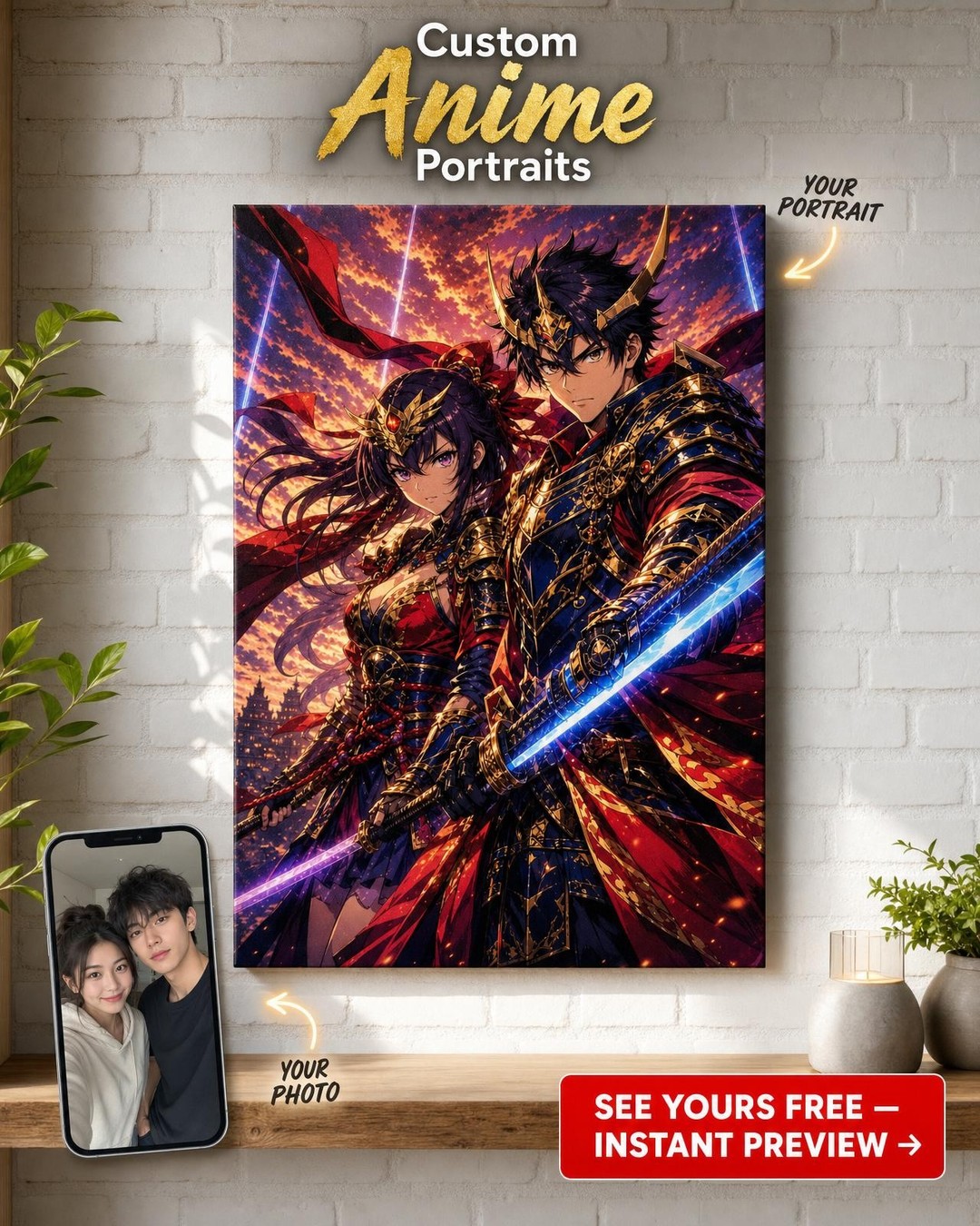 Custom Anime Warrior Couple Portrait