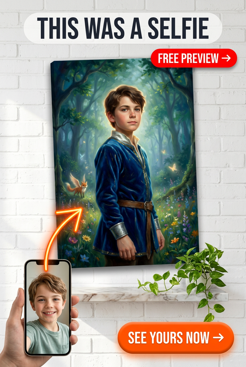 Custom Fantasy Boy Portrait — Whimsical Forest Hero from Photo