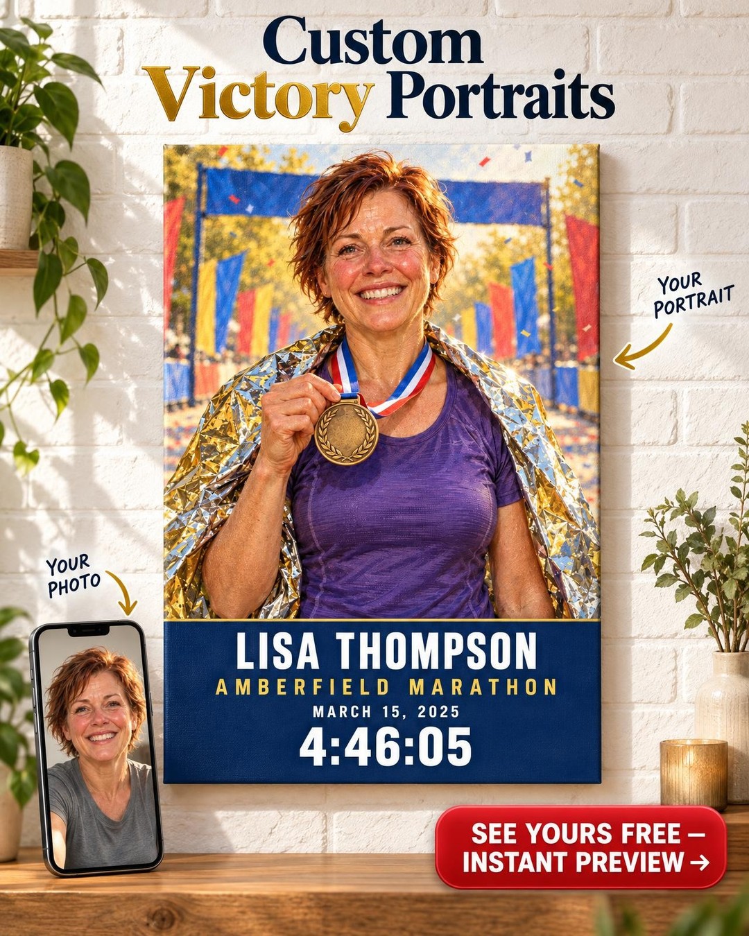 Finisher Medal Portrait for Her from Photo | Personalized Finisher Portrait Gift