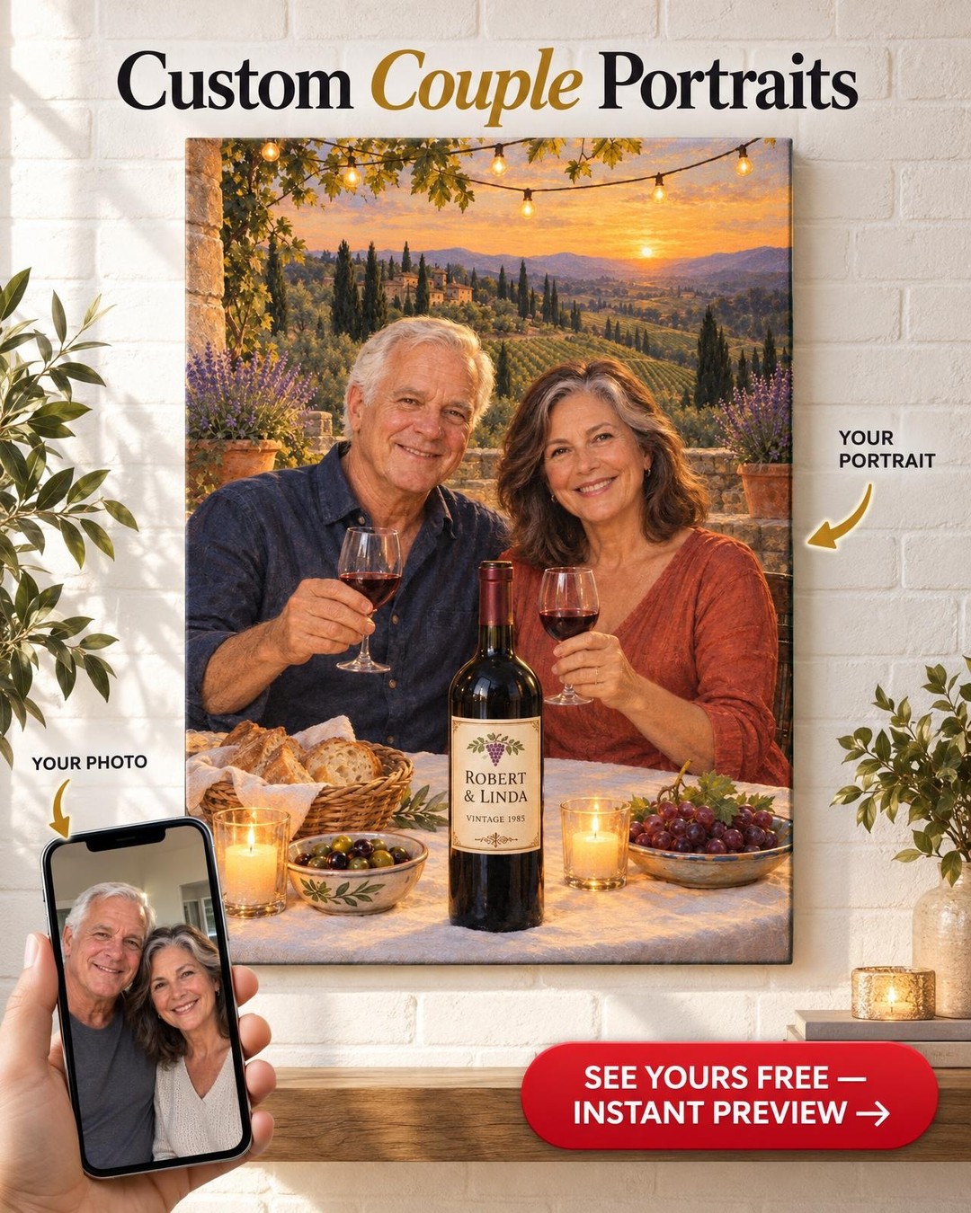 Terrace Dinner at Sunset Custom Portrait from Photo | Personalized Vineyard Romance Gift