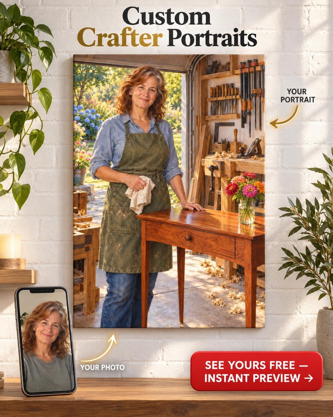 Her Sunlit Shop Woodworker Custom Portrait from Photo | Personalized Woodworking Portrait Gift
