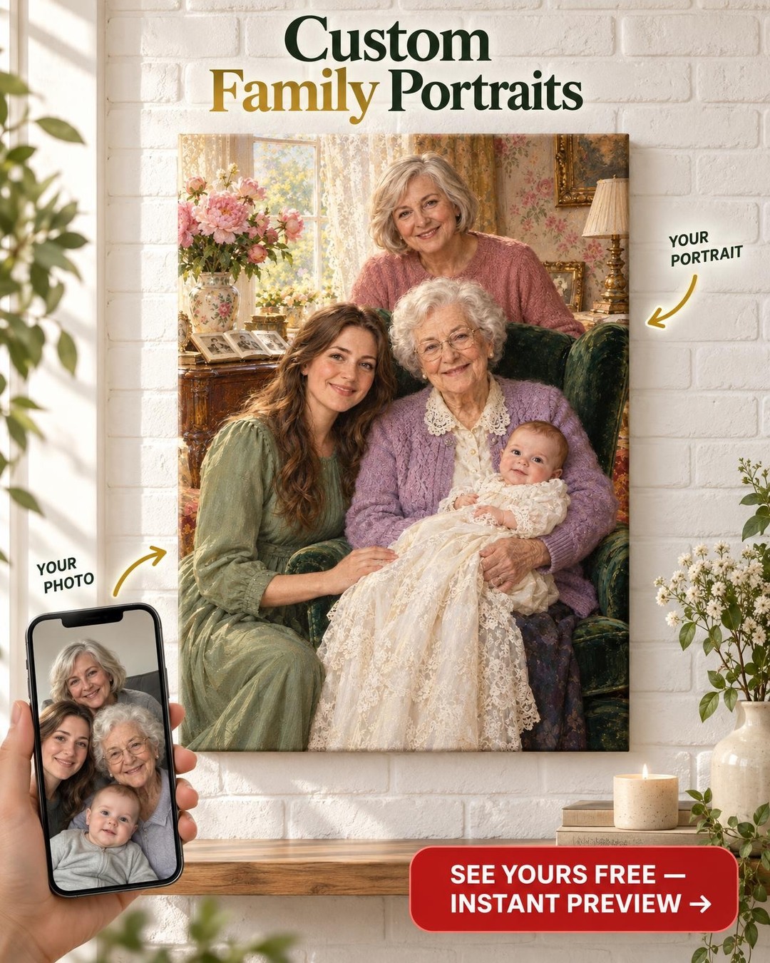 Four Generations of Women Custom Portrait from Photo | Personalized Generations Portrait Gift