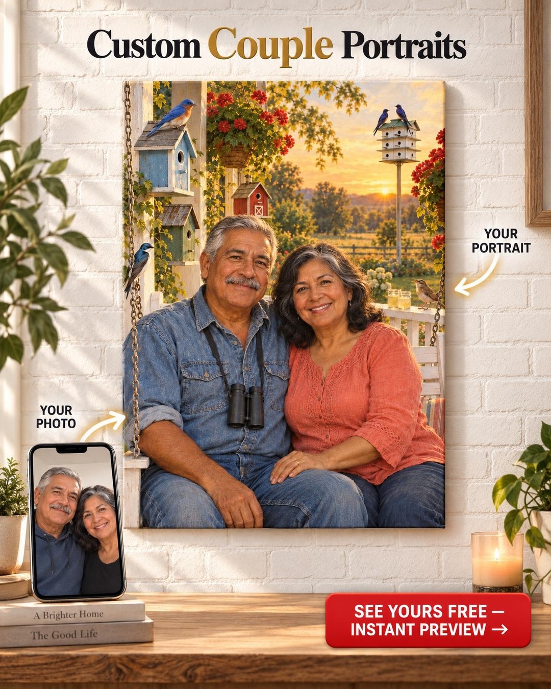 Birdhouse Porch Couple Custom Portrait from Photo | Personalized Birdwatching Gift