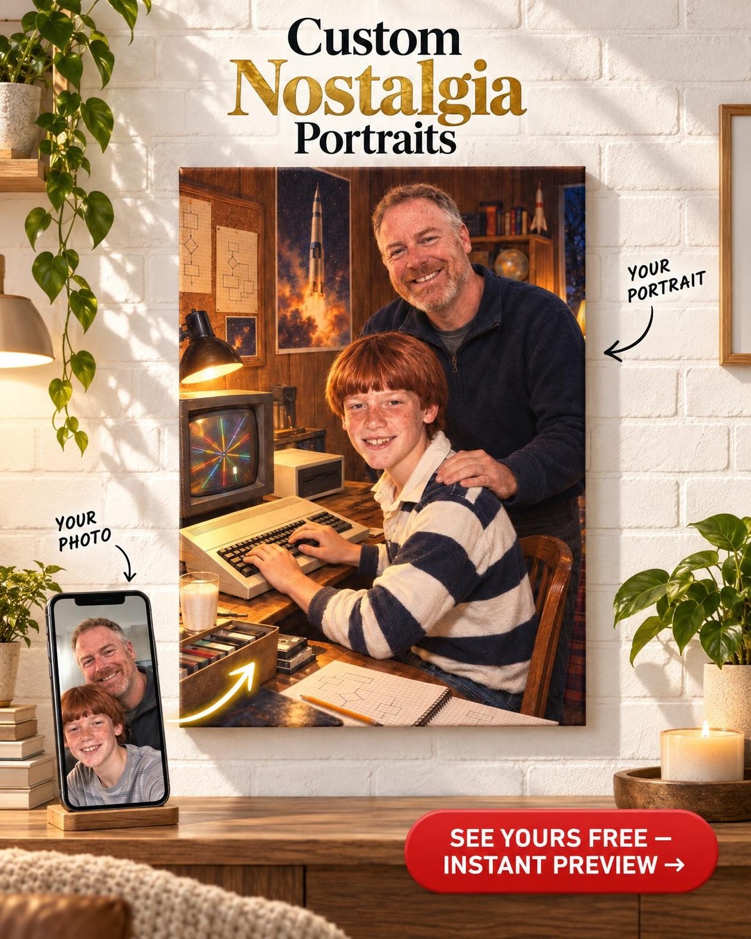 Then and Now Custom Portrait from Photo | Personalized First Computer Portrait Gift