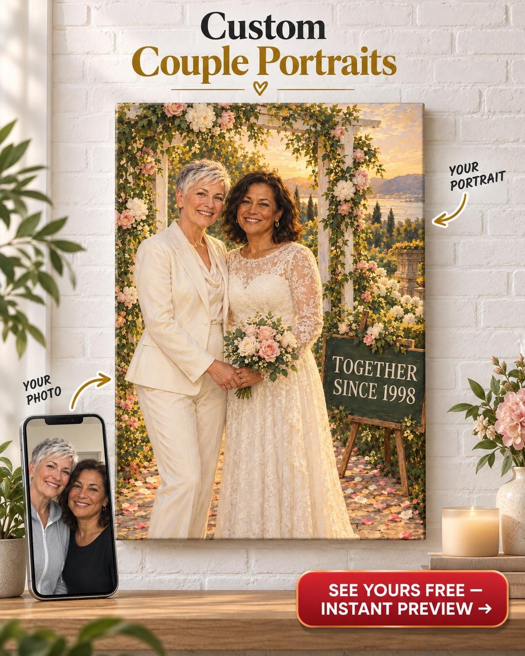 Vow Renewal Suit and Gown Custom Portrait from Photo | Personalized LGBTQ Couple Gift