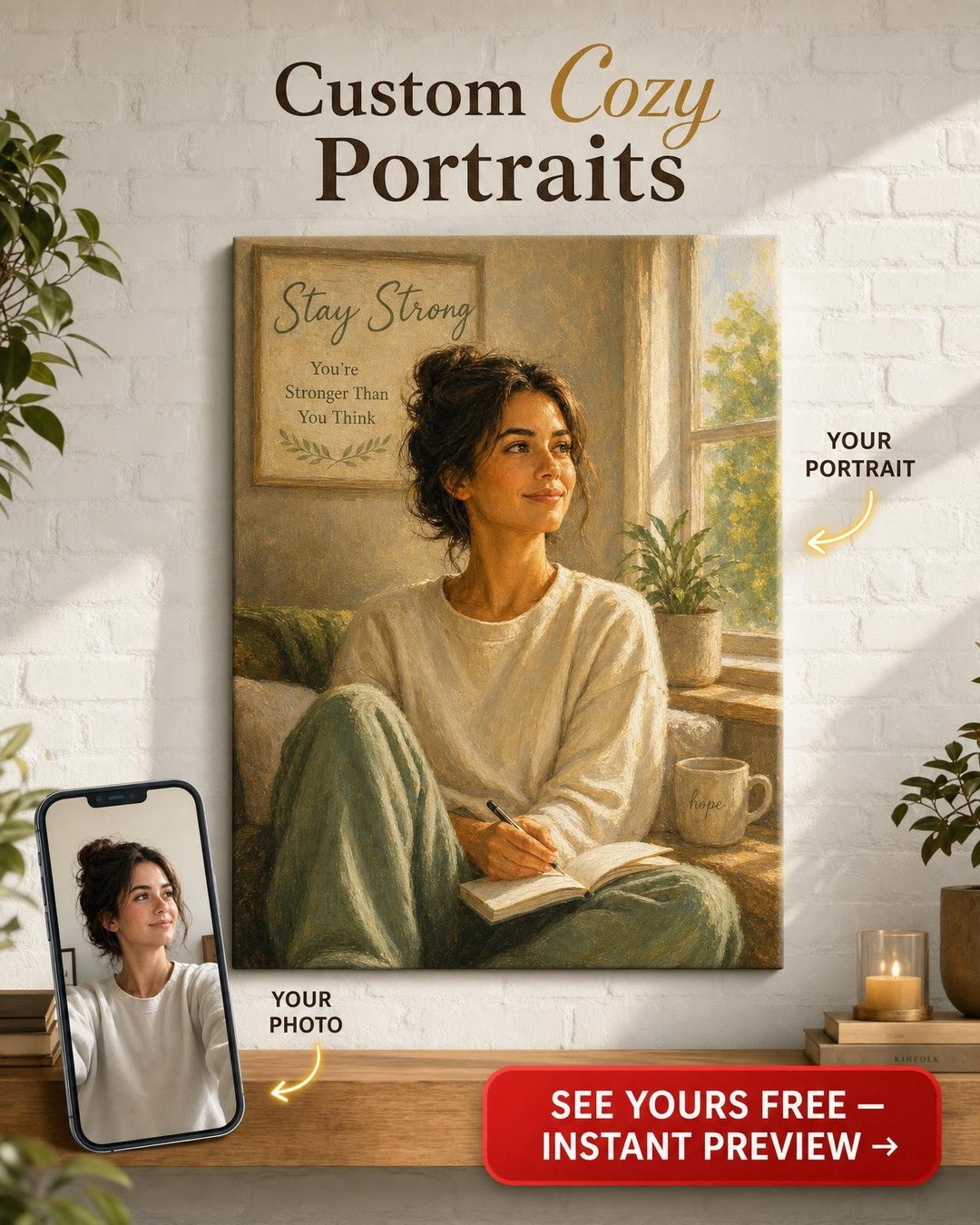 Custom GetWell Single-Woman Portrait — Serene Recovery Moment from Photo