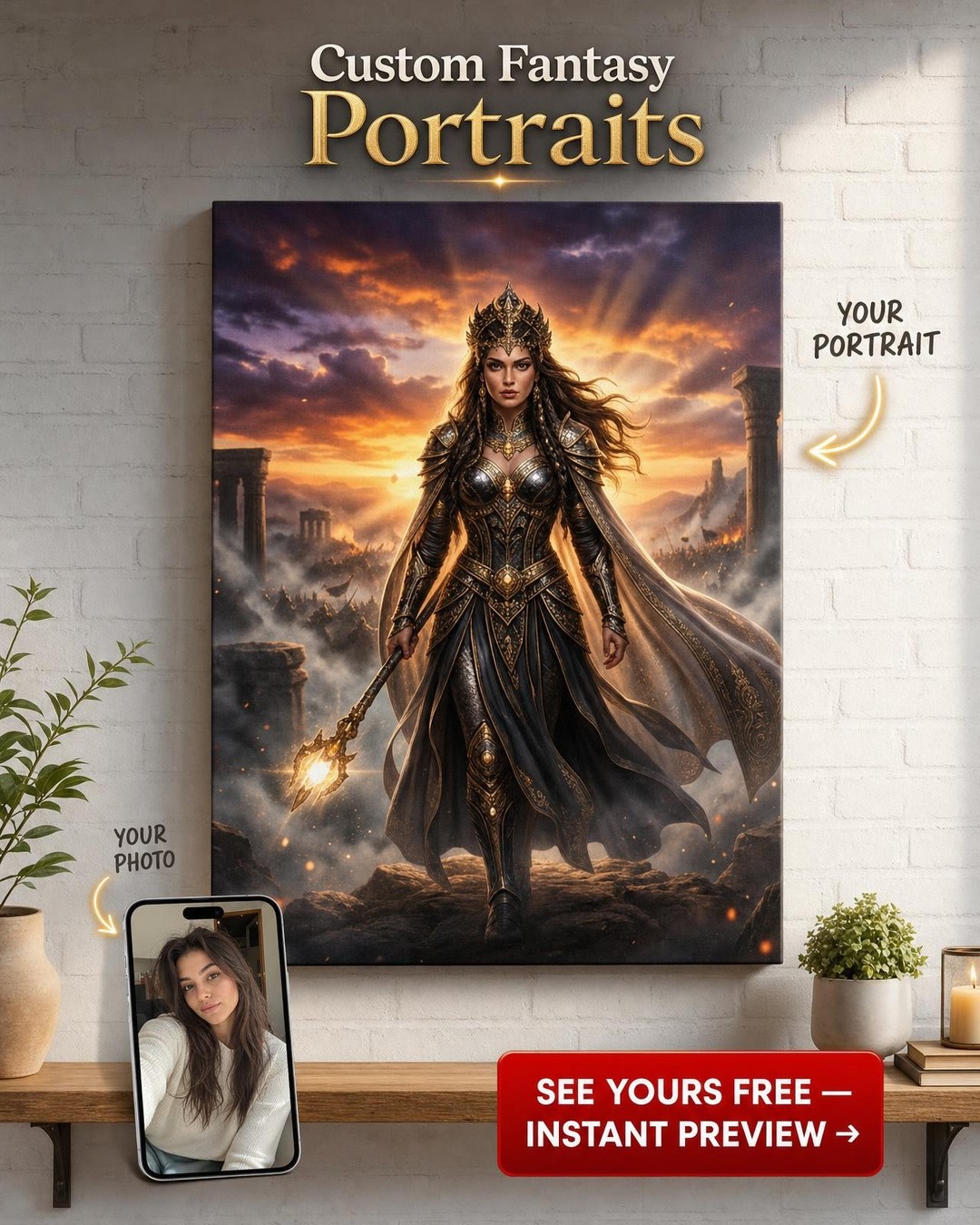 Custom Fantasy Man Portrait — Heroic Woman Warrior Canvas from Photo