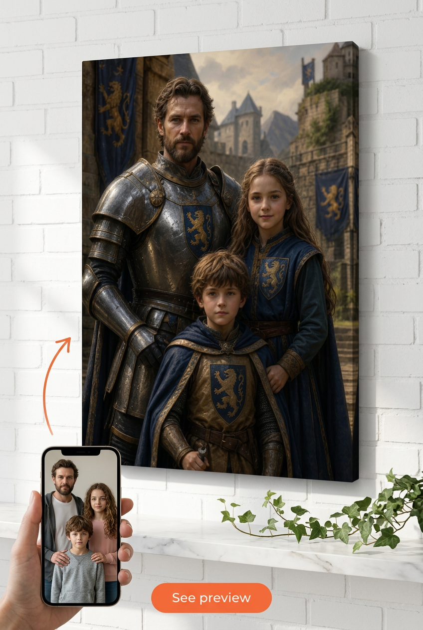 Custom Knight Family Portrait — Heroic Armor Canvas