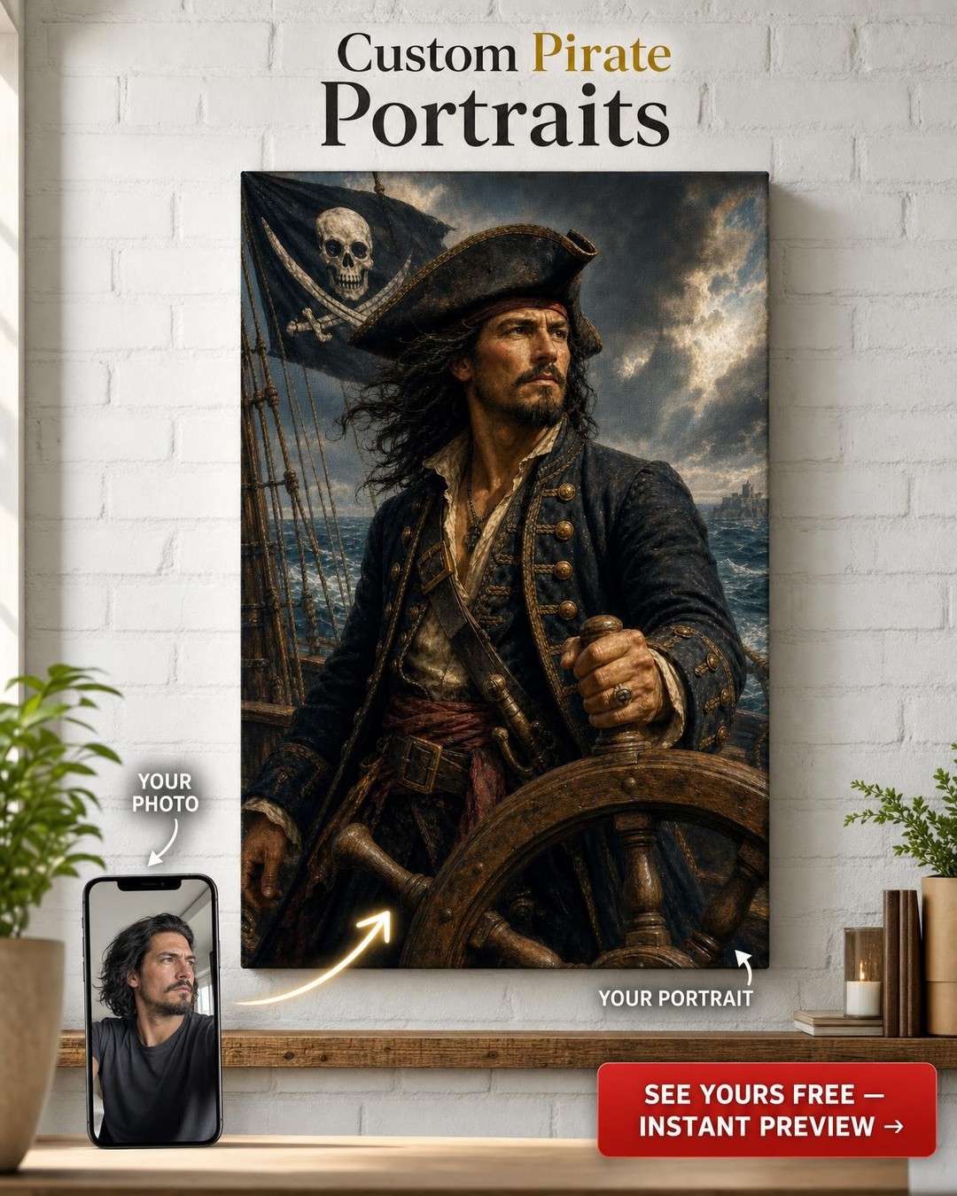 Pirate Captain Custom Portrait from Photo | Personalized Canvas Gift