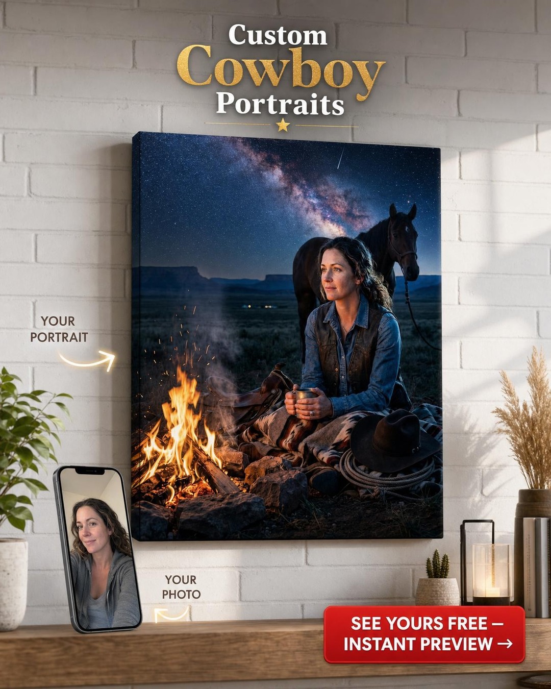Whimsical Cowboy Woman Canvas Portrait