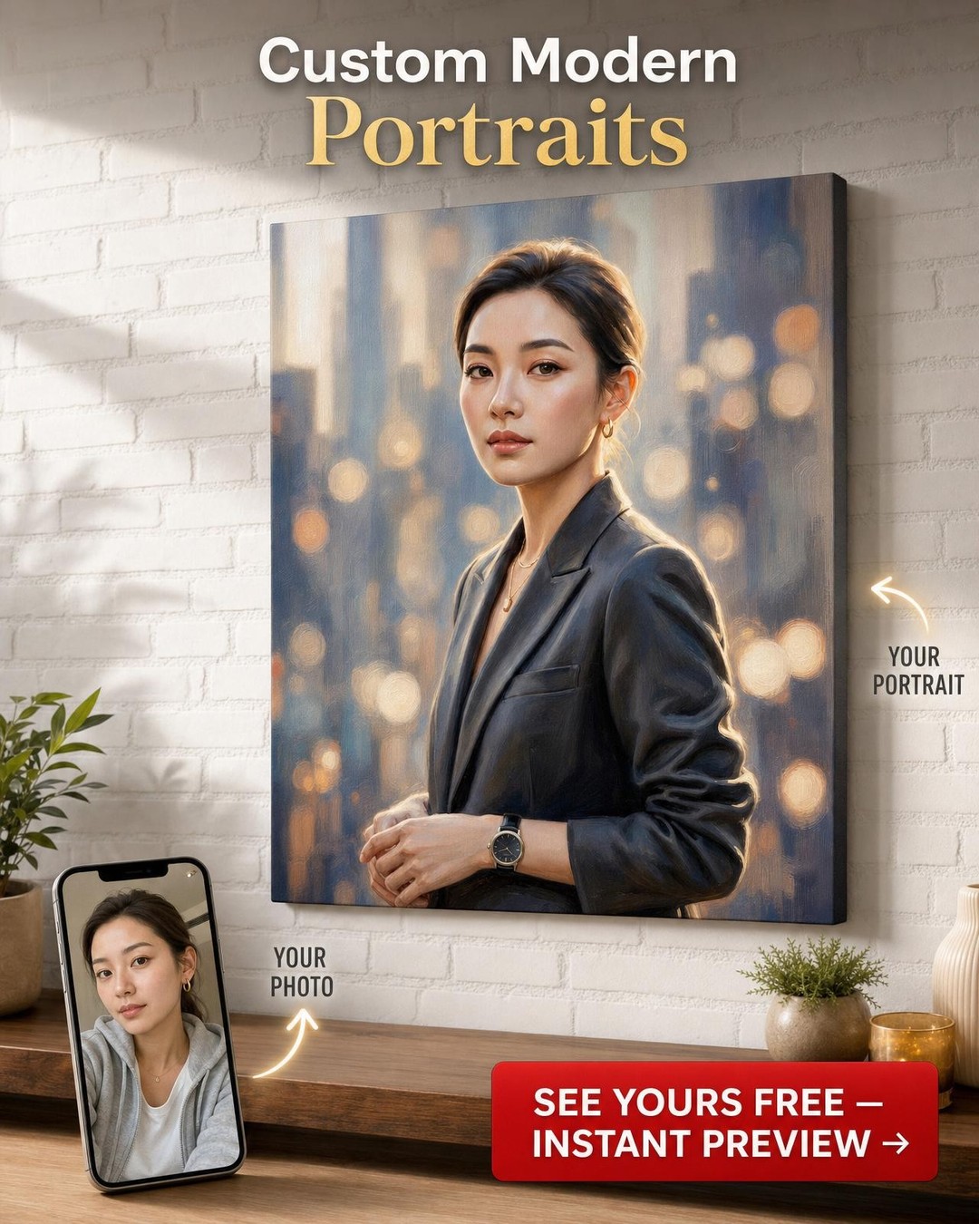 Custom Impressionist Woman Portrait — Serene Canvas from Photo
