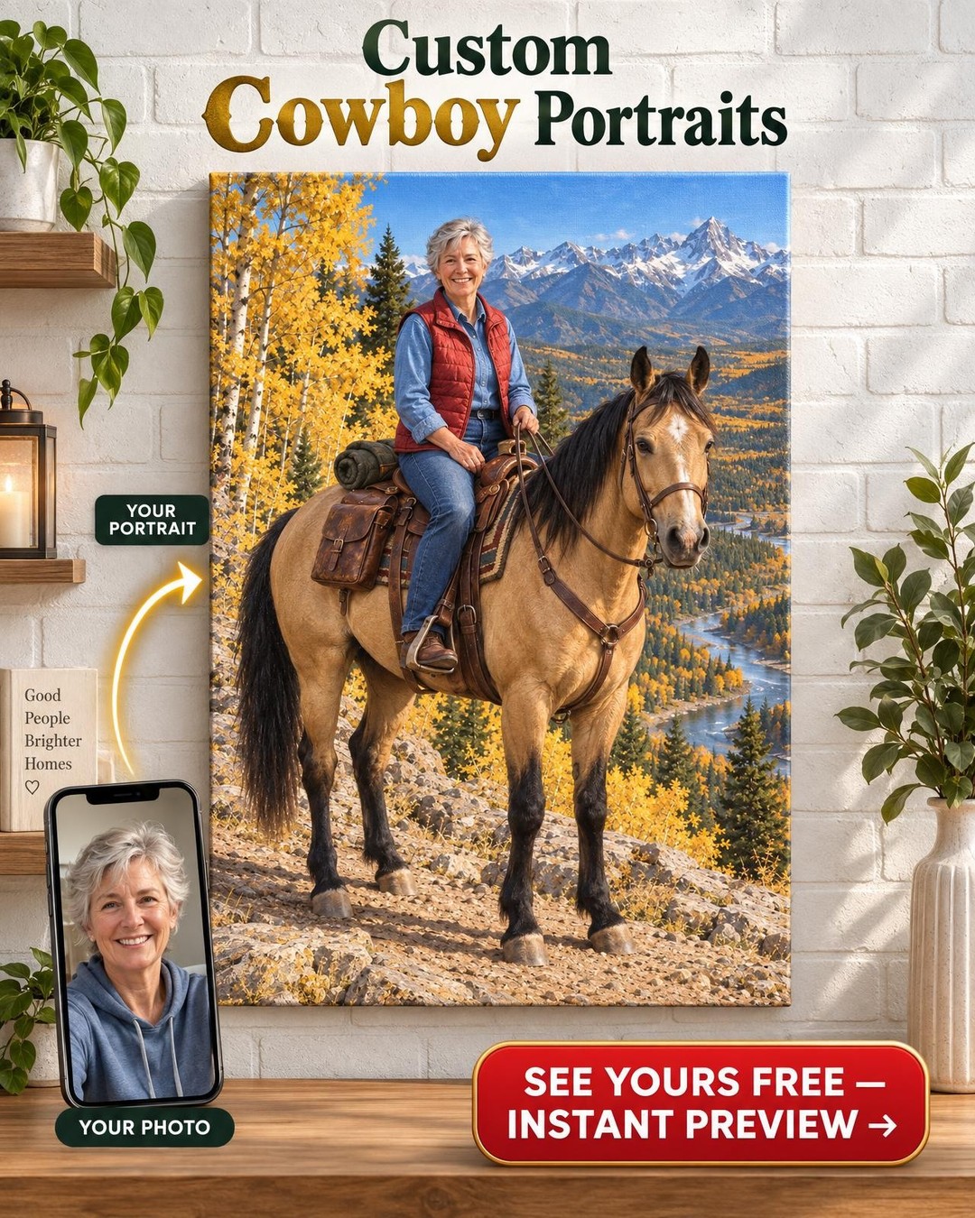 Mountain Trail Ride Horse Custom Portrait from Photo | Personalized Horse and Rider Gift