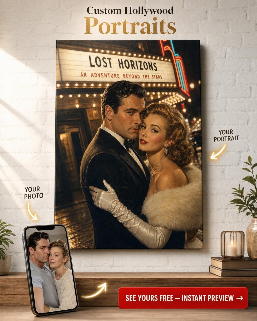 Silver Screen Romance Custom Portrait from Photo | Personalized Couples Gift