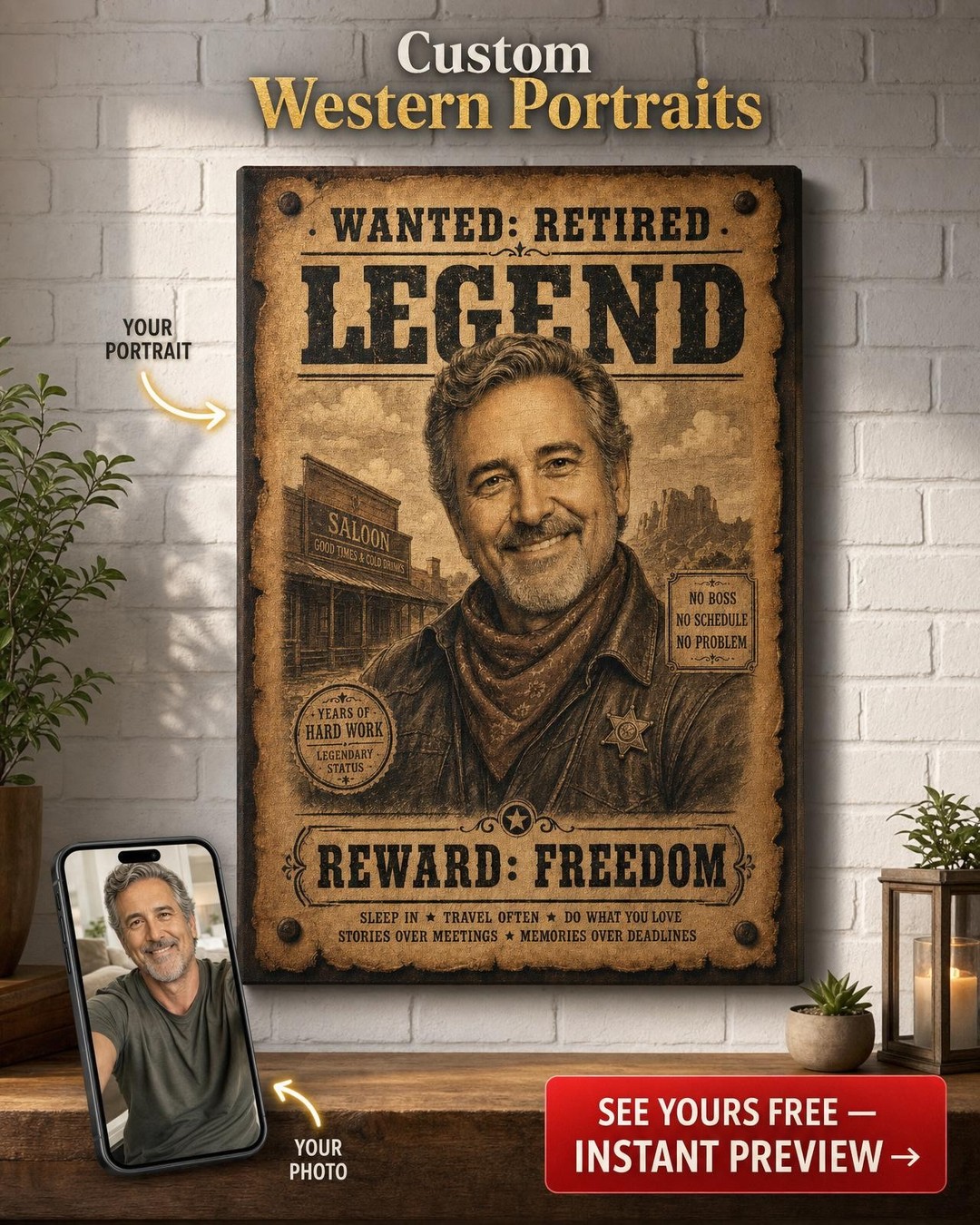 Retirement Wanted Poster Custom Portrait from Photo | Personalized Canvas Gift