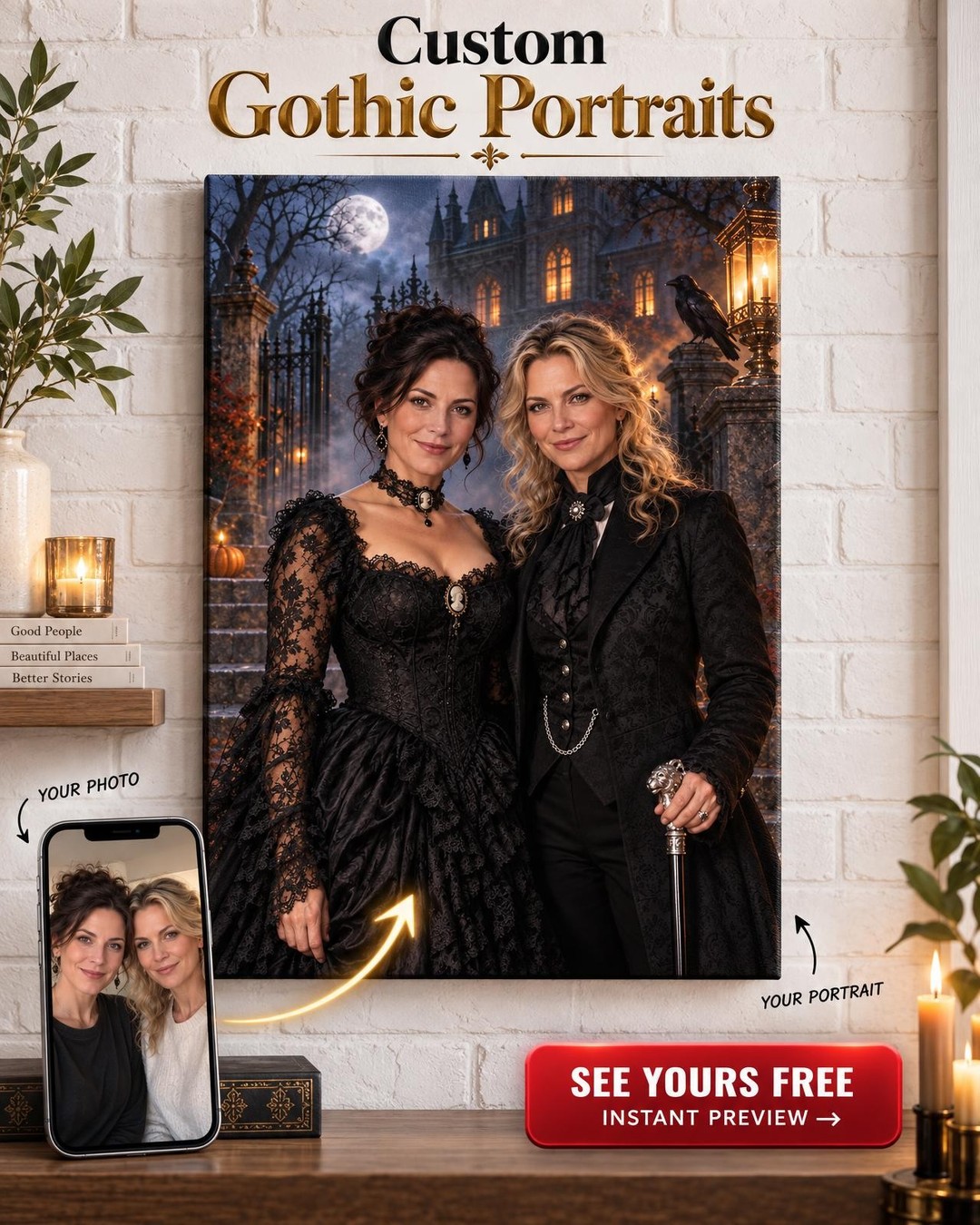 Haunted Mansion Custom Portrait from Photo | Personalized Gift for Two Women