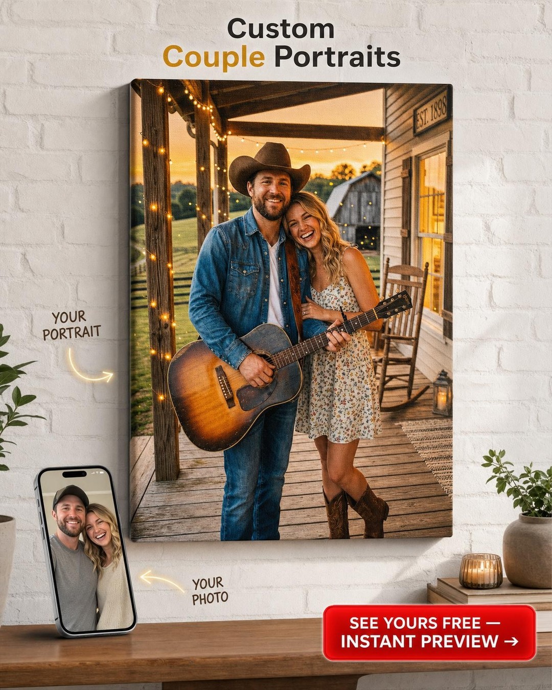 Custom Cowboy Couple Portrait — Festive Guitar Canvas