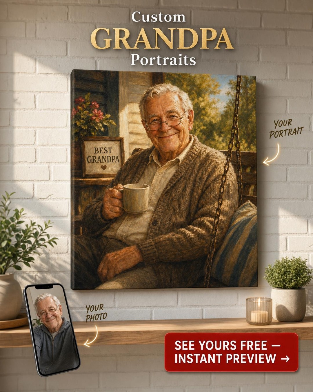 Custom Family Portrait — Serene Grandpa Canvas from Photo