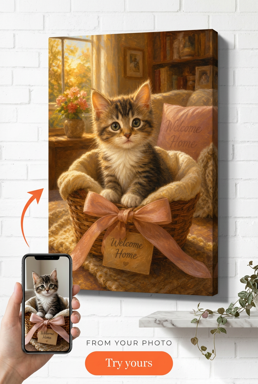 New Kitten Gift — Cozy Cat Portrait Canvas from Photo